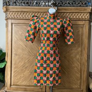 Ethnic print dramatic sleeves high neck mini dress